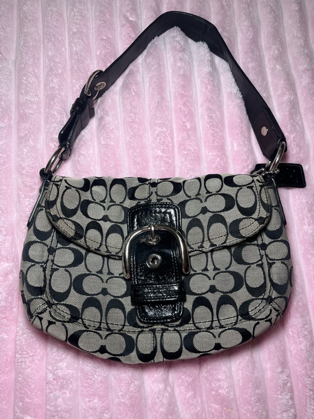 Vintage Coach Black and Beige Signature Canvas Shoulder Bag